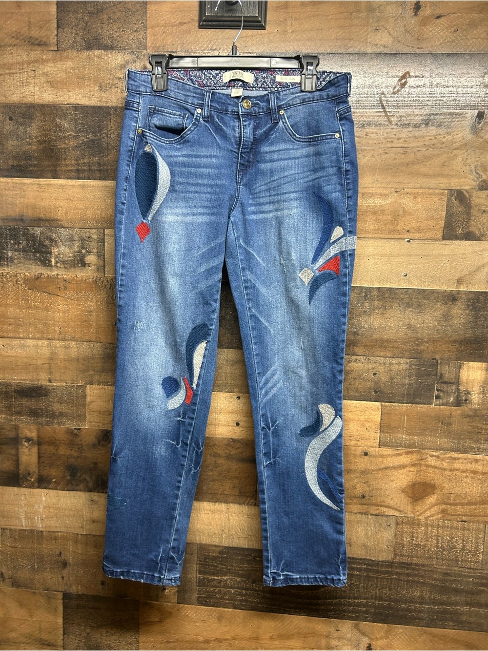 Vintage America Blue Skinny Jeans with Red & Cream Embroidery